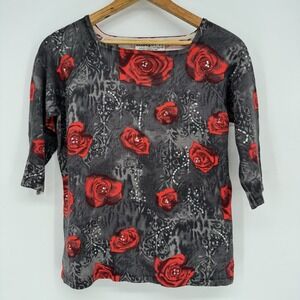 Joseph A Floral Sequin Top Women's Large‎ Silk Blend Whimsigoth 3/4 Sleeve
